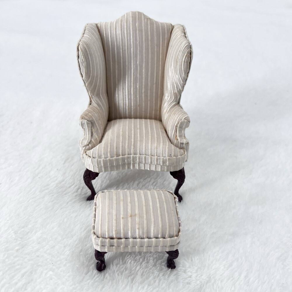 Vintage Bespaq Dollhouse Miniature Victorian Wing Chair & Foot Rest 1:12